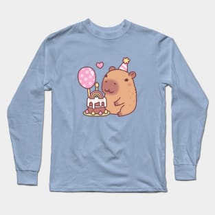 Cute Capybara Rainbow Birthday Cake And Balloon Long Sleeve T-Shirt